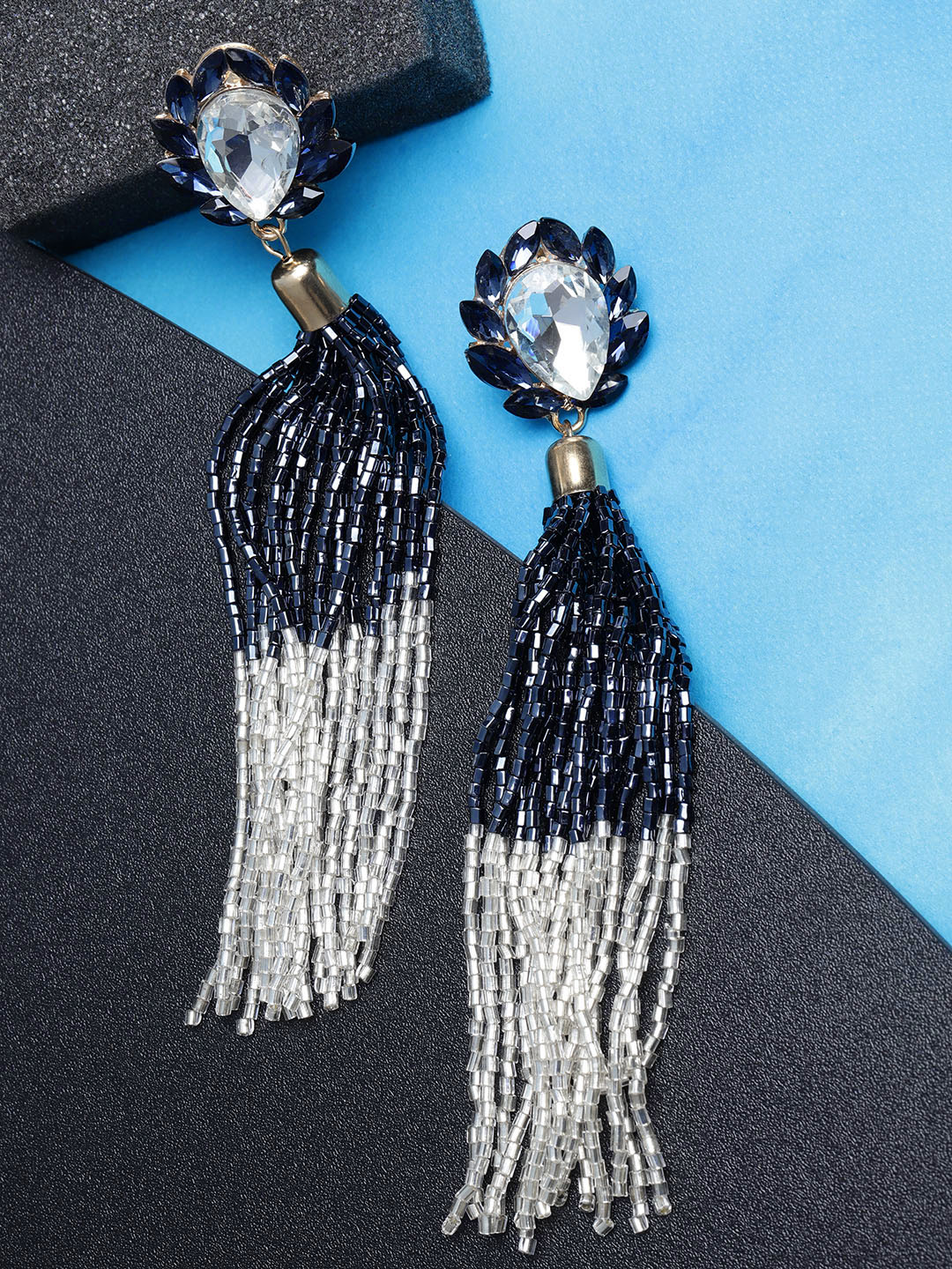 YouBella Navy Blue  Off-White Gold-Plated Stone-Studded  Beaded Tasselled Drop Earrings